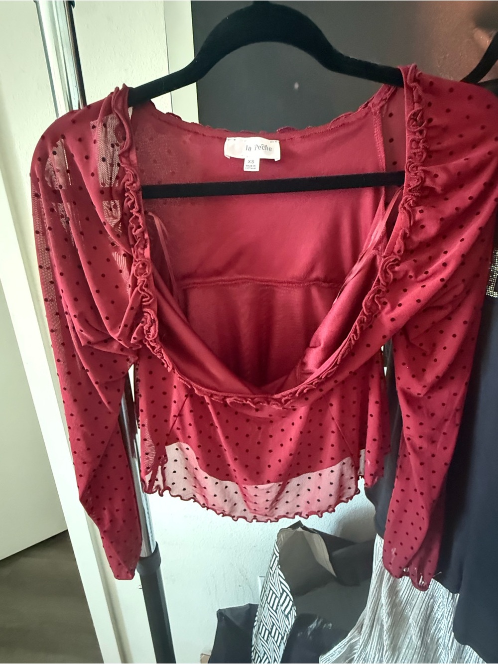 La Perla Burgundy Sheer Polka Dot Ruffle Blouse